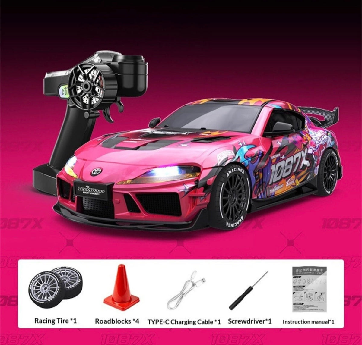 1/43 RC Drift Car — Pink 1087X with included accessories